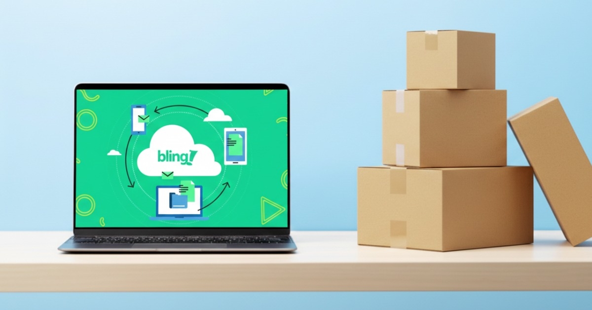 Mesa de trabalho com notebook aberto representando o que é bling e caixas de envio ao lado