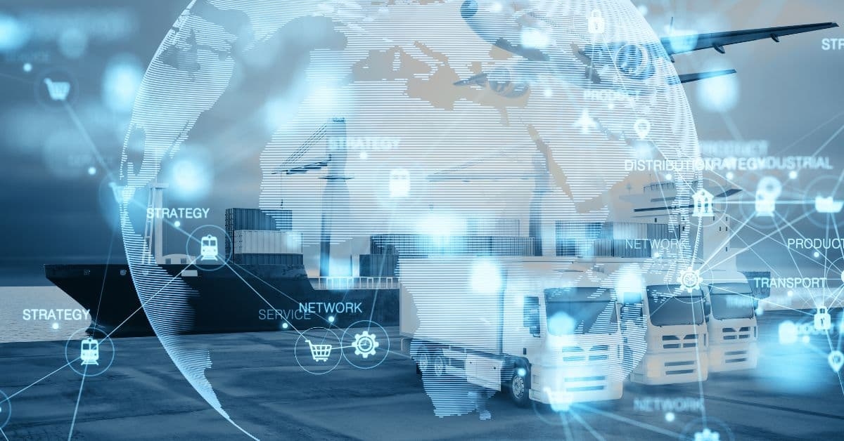 Tecnologia logística representada em imagem com um mundo e meios de transportes logísticos